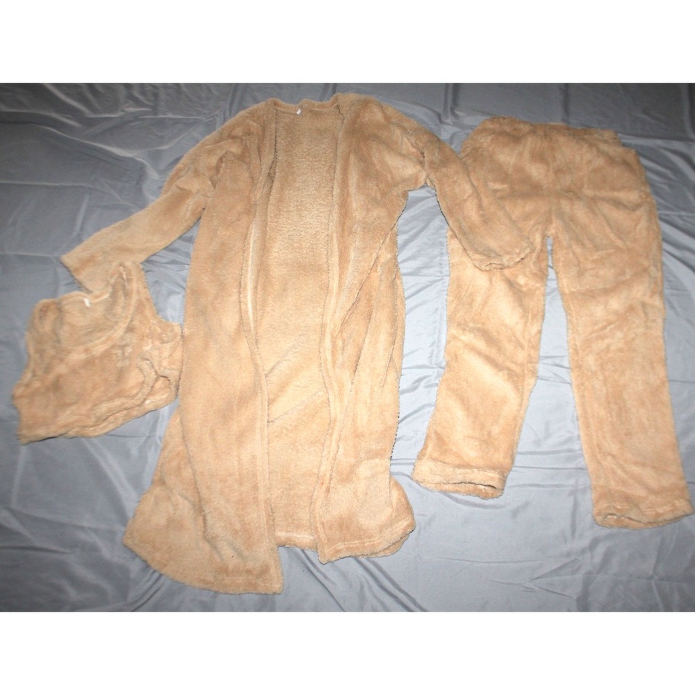 Women's 3pc tan fuzzy lounge set pants and shirt robe EU size L US size 8/10 M